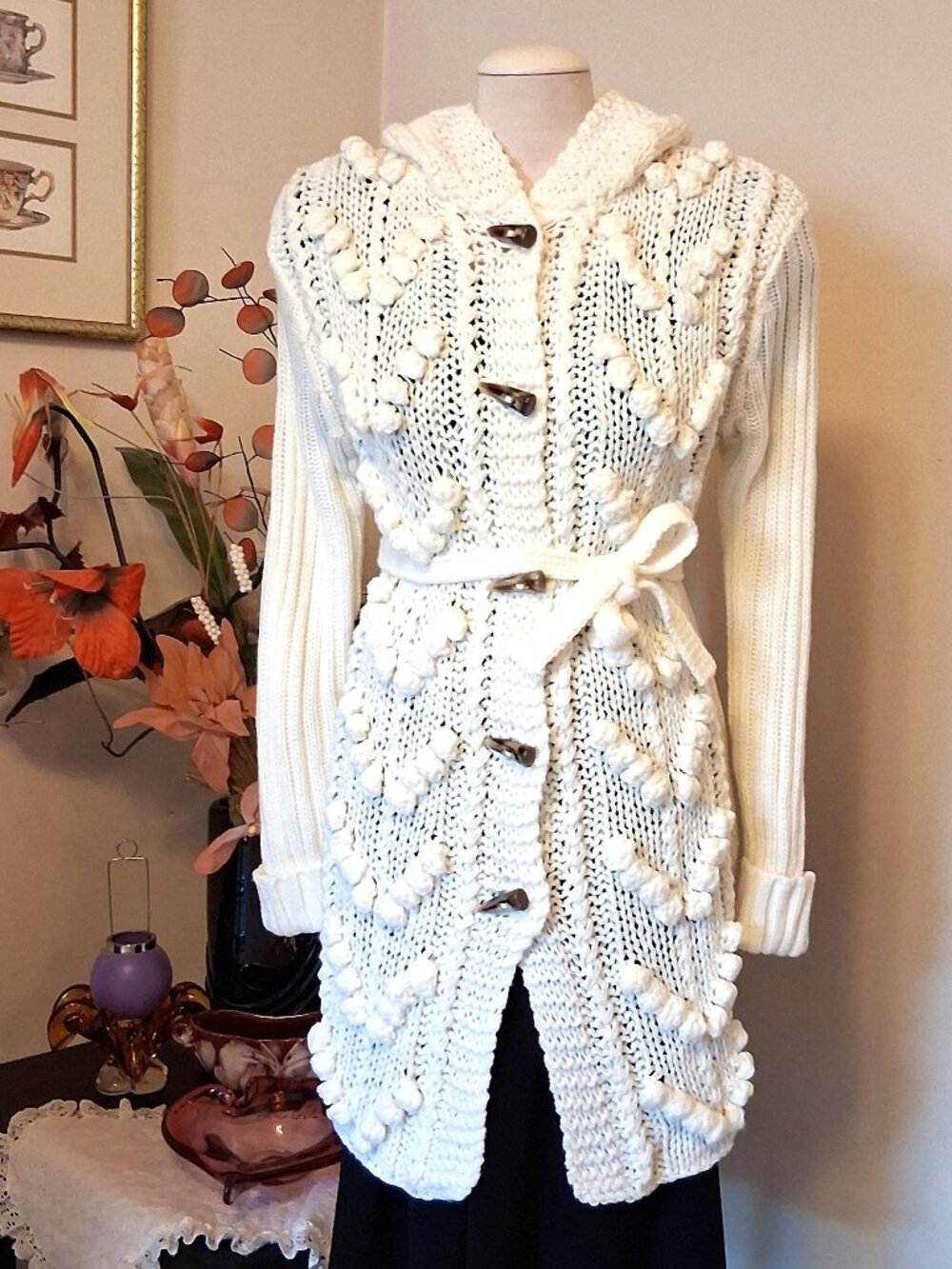 Quality Knit Hooded Cardigan Sweater Coat - Soft Chunky Knitwear Women M White